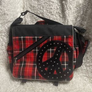 Justice Red Plaid Messenger Bag & Binder with Peace Sign studded accents.